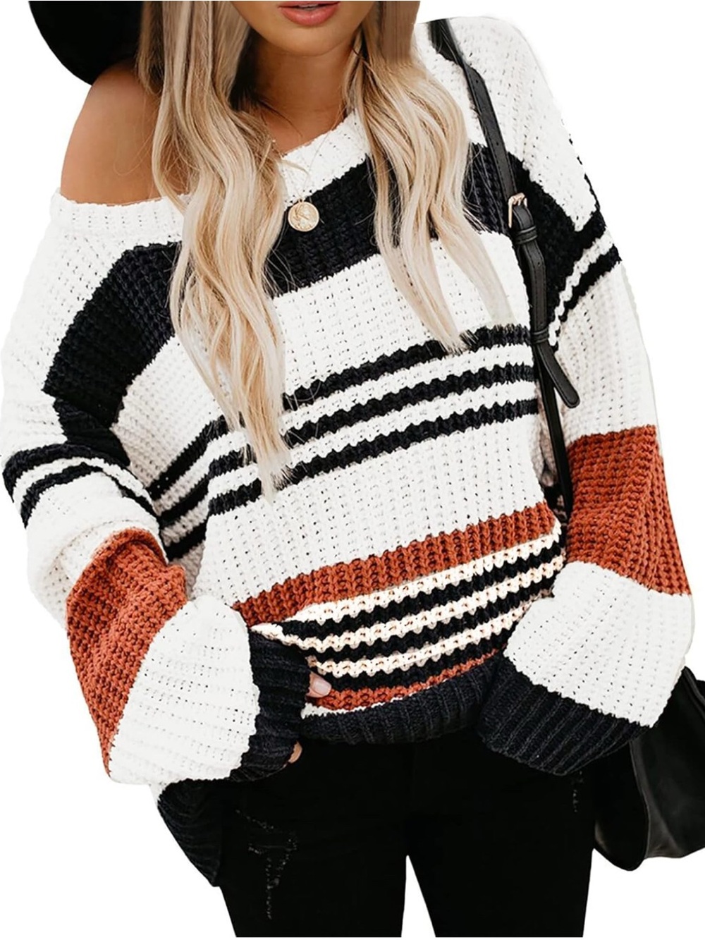 Striped Crewneck Sweater in White, Rust & Black